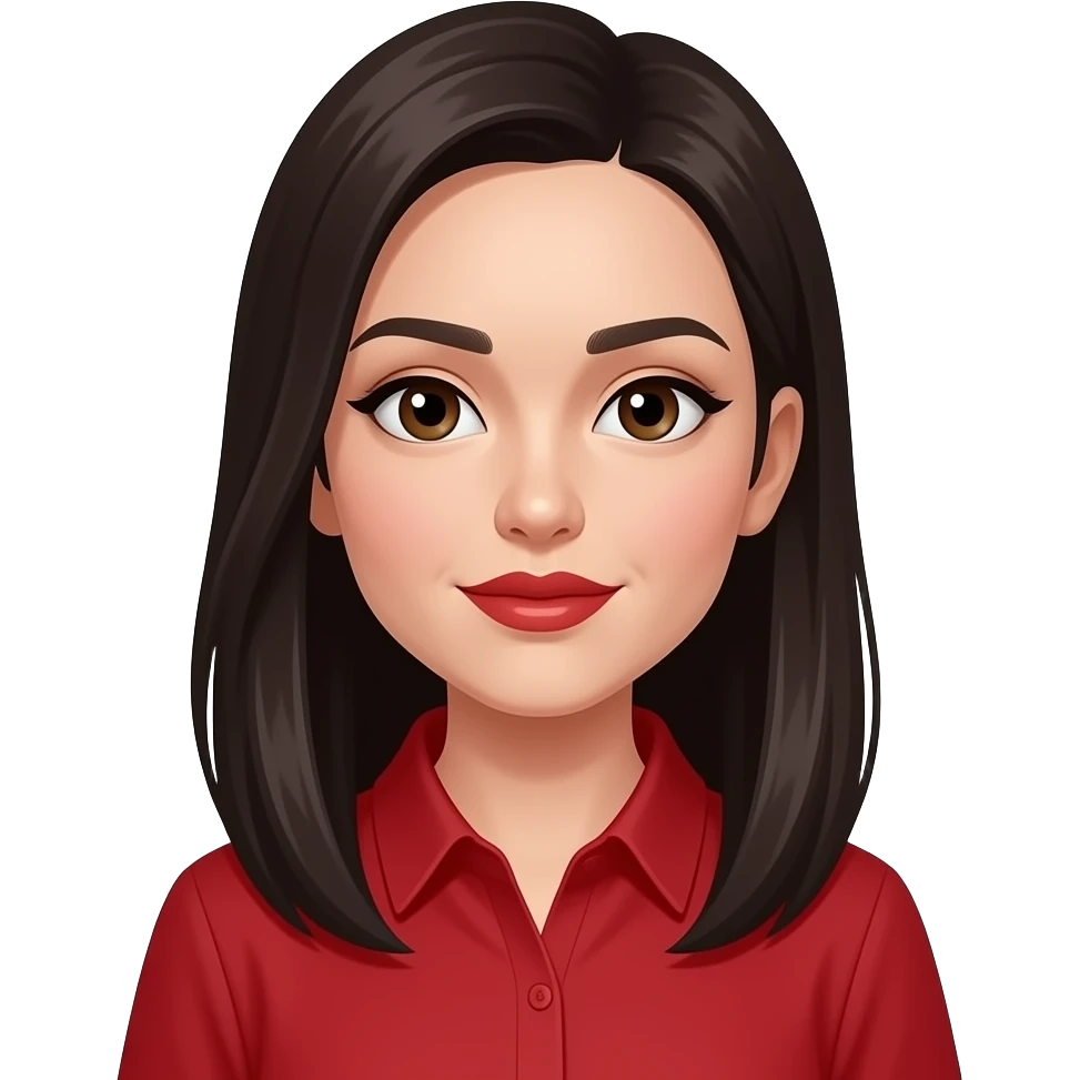 woman, brown almond eyes, black brown long straight hair, red lipstick, red shirt, fair skin, straight nose, thin eyebrows in black emoji