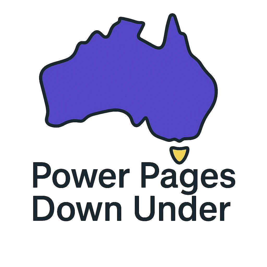 Remove the Power Pages icon. Only show the map of Australia with the text 'Power Pages Down Under' in a clean, modern font. Use #403DAD, vibrant purple, and #fff7ad as accent colors. No digital web overlay emoji