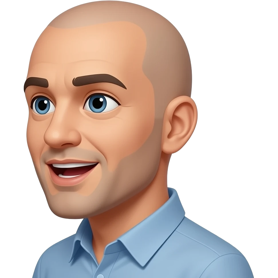 a bald man looking directly to the side, talking with an open mouth emoji