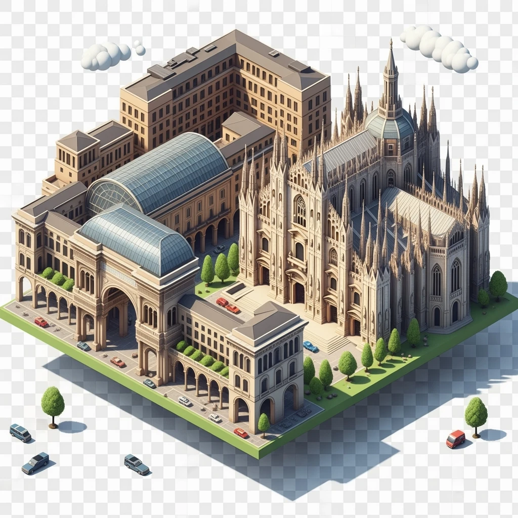 Isometric Milan with the Milan Cathedral (Duomo di Milano) and Galleria Vittorio Emanuele II arcade, toy-style elements, soft shadows, pastel diorama style, transparent background emoji
