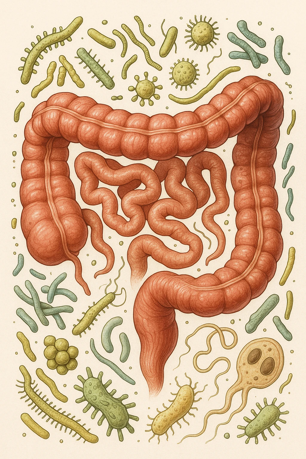 INTESTINO UMANO ANATOMICO CON BATTERI E PARASSITI INTORNO, SFONDO CHIARO NEUTRO emoji