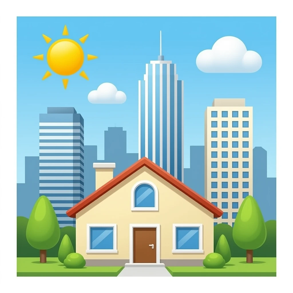 a house and tall office buildings on a simple white background, do not add clouds emoji