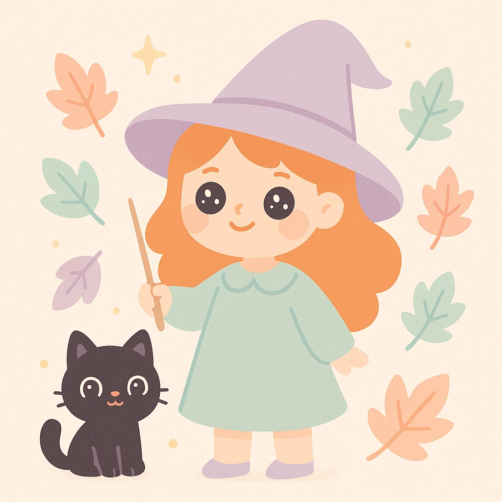 a ginger witch with a black cat familiar, holding a wand, surrounded by autumn leaves, cute and whimsical style emoji