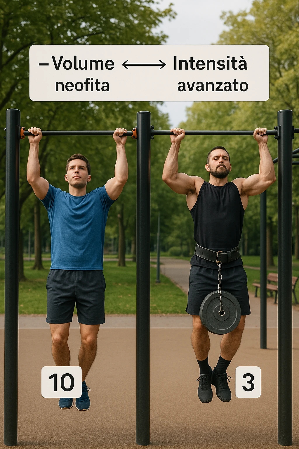 Due atleti fianco a fianco in un parco attrezzato: a sinistra il neofita che fa 10 trazioni leggere con concentrazione, a destra l’atleta avanzato con cintura zavorrata che fa 3 ripetizioni lente e pesanti. Tra loro, grafico sospeso in aria che mostra: 'Volume → neofita | Intensità → avanzato'. Stile realistico con elementi educativi visivi in italiano emoji