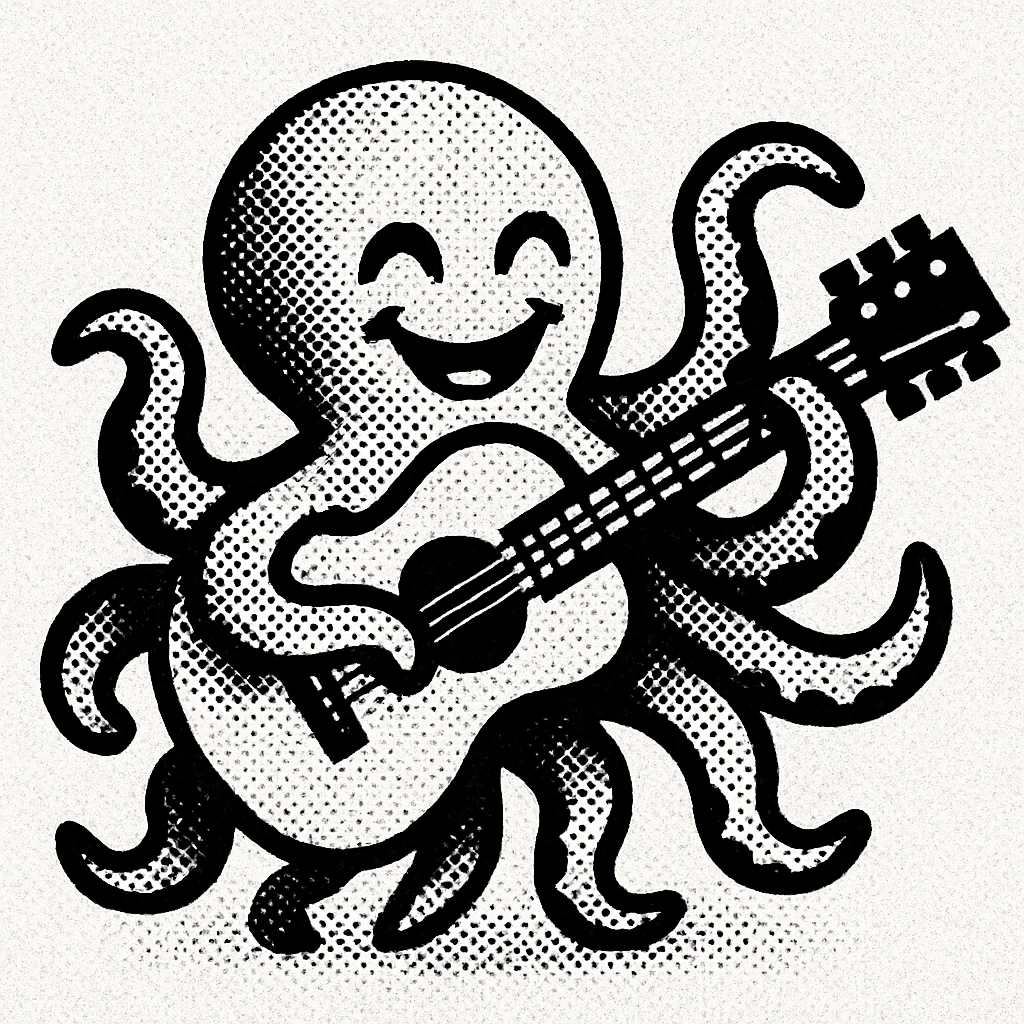 happy octopus with multiple arms playing guitar emoji