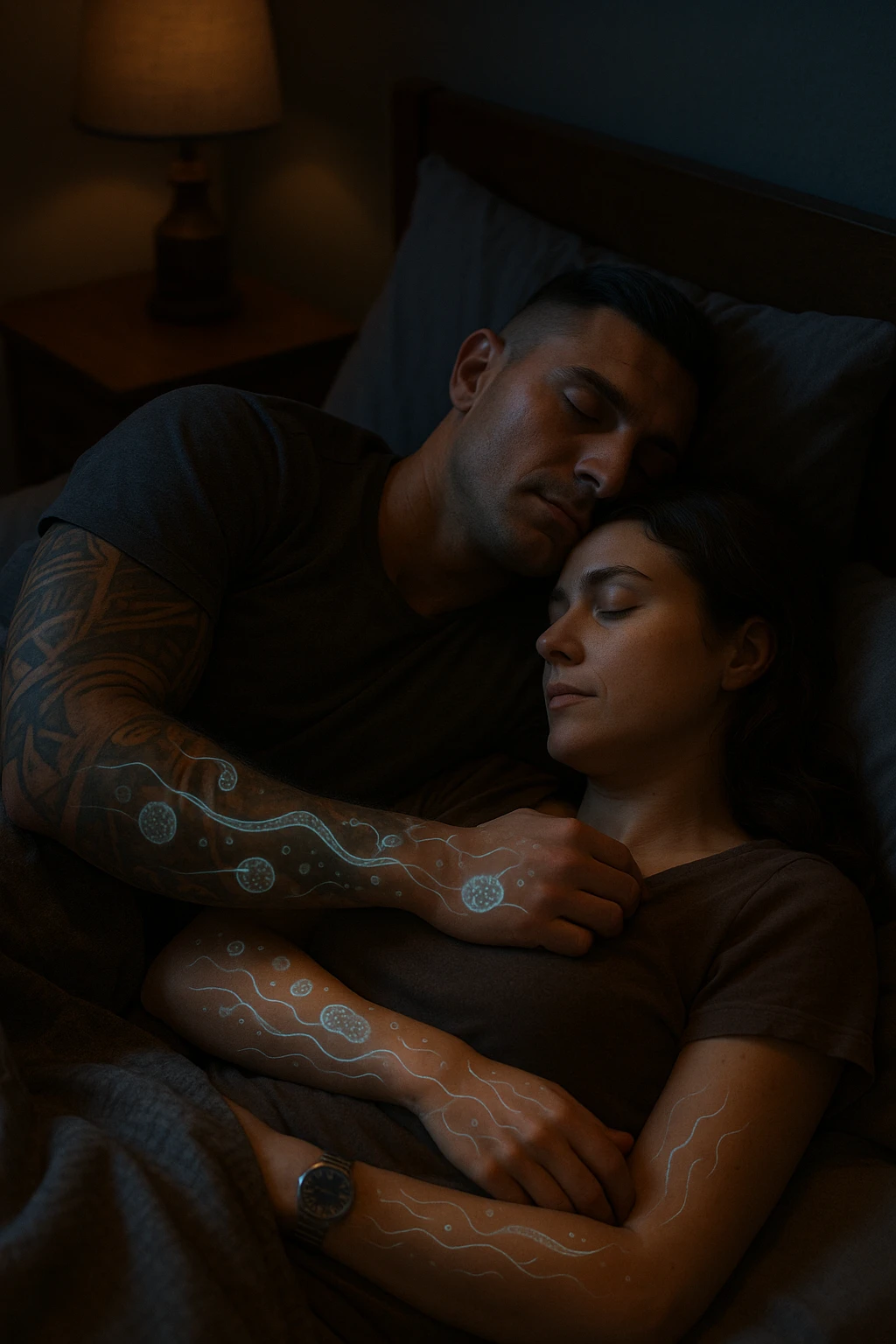 A hyper-realistic, cinematic image of a man and a woman sleeping together in the same bed under soft, dim night lighting, with their bodies close and touching. Their skin appears slightly illuminated where it touches, and under a subtle x-ray style overlay, faint ghostly silhouettes of microscopic parasites and worm-like organisms are visible crawling transdermally between their bodies, symbolizing silent, unnoticed parasite transmission during sleep. The environment is a cozy bedroom with warm tones, but the presence of the glowing parasites creates a slightly unsettling feeling, emphasizing the hidden danger. Their faces are calm, unaware, symbolizing the unconscious nature of the transmission. The image is detailed with a 35mm film hyperrealistic aesthetic, focusing sharply on the point of contact between their skin where the parasites pass, while the background remains softly blurred. The color palette uses muted warm browns and soft moonlight blues to maintain a nighttime, intimate feeling, contrasting with the translucent, glowing parasites to illustrate the hidden risk of transdermal parasite transmission while sharing a bed emoji