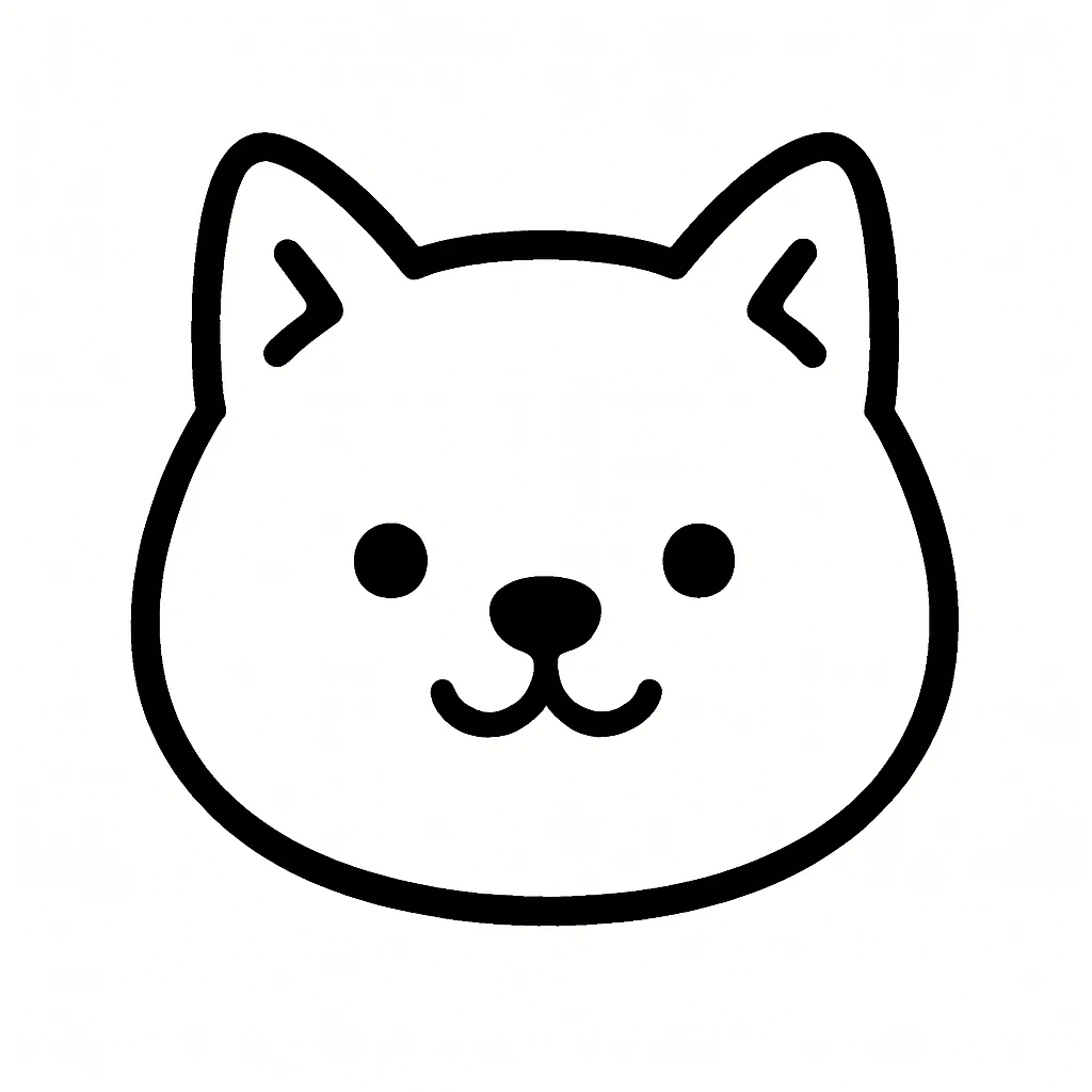 Minimalist kawaii line art of a Shiba Inu dog's head: large, round head, perky triangular ears, very simple face with two dot eyes, tiny round nose, upside-down 'Y' mouth. Thick, bold, clean black lines on white background, symmetrical, calm and sweet expression. No color or shading, just black linework. Slightly hand-drawn but polished, child-friendly. emoji