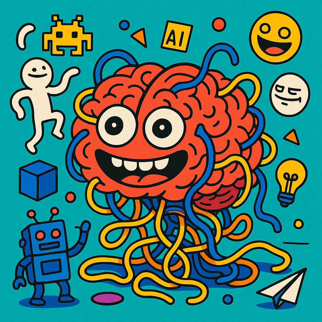 AI brain tangled in spaghetti wires, googly eyes, silly grin, surrounded by dancing memes and random objects, whimsical cartoonish style, humorous AI insanity emoji