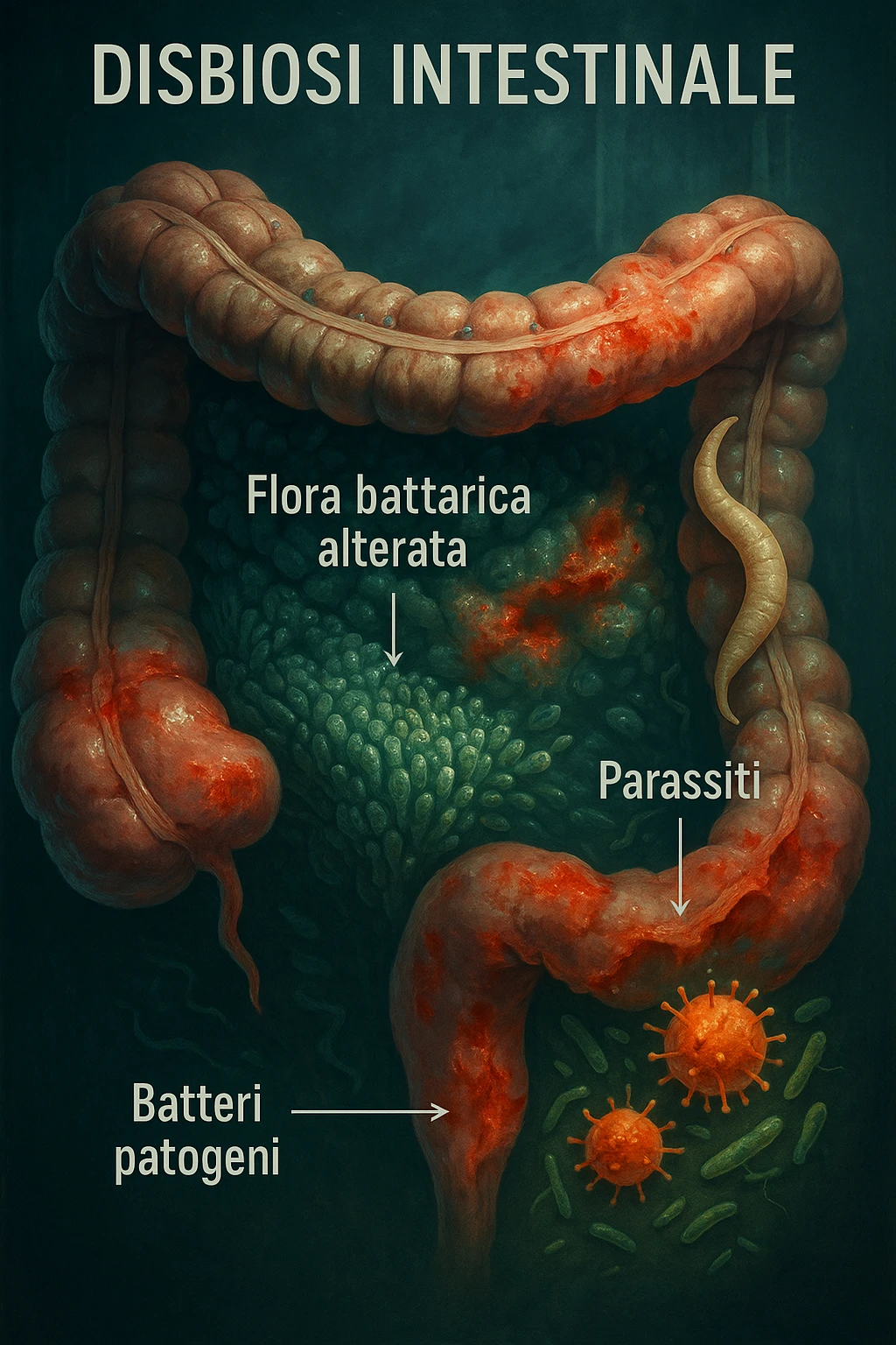 Illustrazione verticale, realistica e cinematografica in italiano che rappresenta la disbiosi intestinale: mostra un intestino umano con flora batterica alterata, presenza di parassiti e batteri patogeni, e segnali visivi di squilibrio. Atmosfera clinica, luci drammatiche, colori verde-blu e accenti giallo-arancio caldo, profondità naturale. Didascalie in italiano. 2:3. emoji