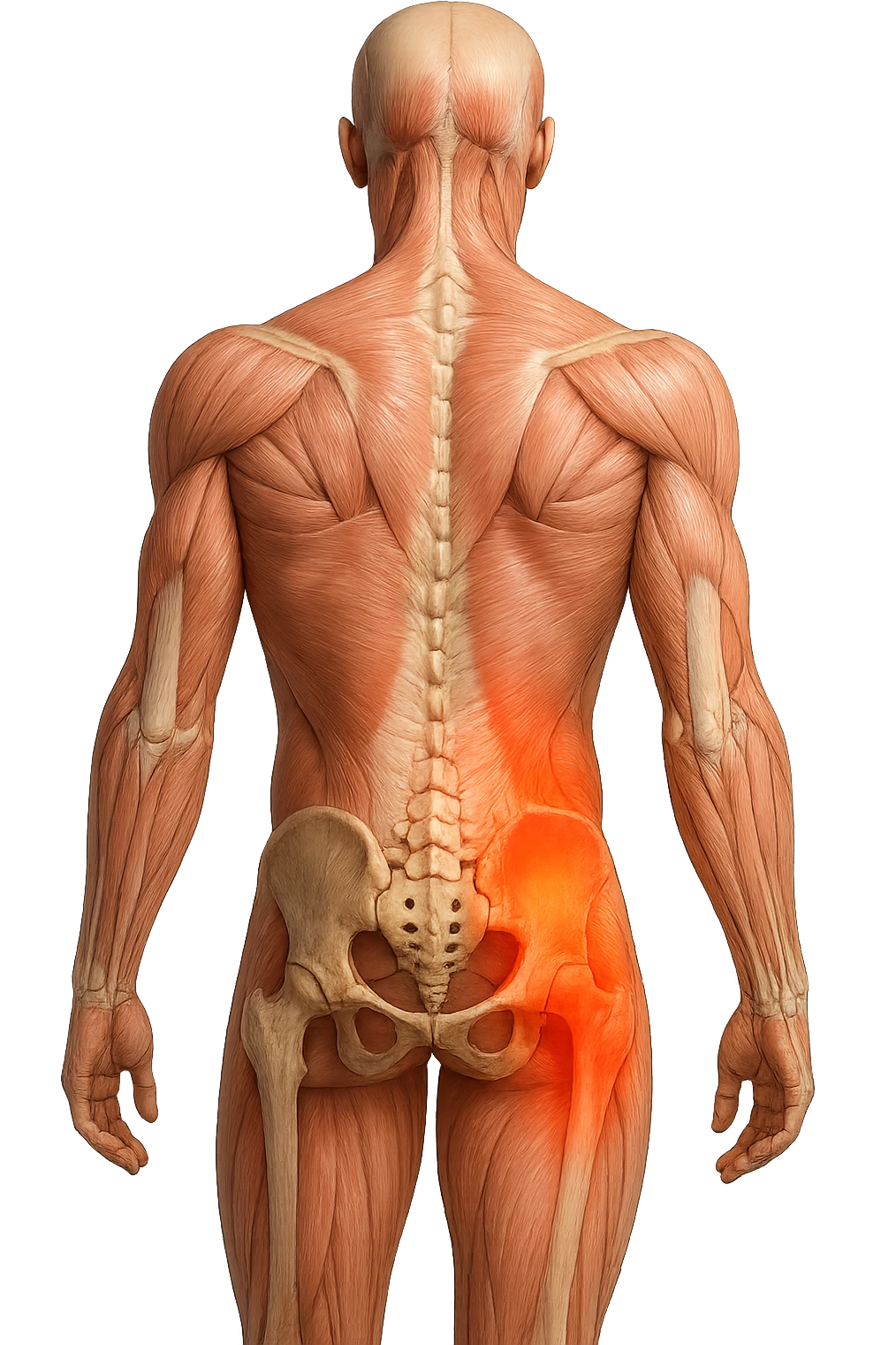 CORPO UMANO ANATOMICO REALISTICO DI SPALLE CON DOLORE ALLA LOMBARE INFIAMMATA, DOLORE ALL'ANCA, IPERREALISTICO 4K emoji