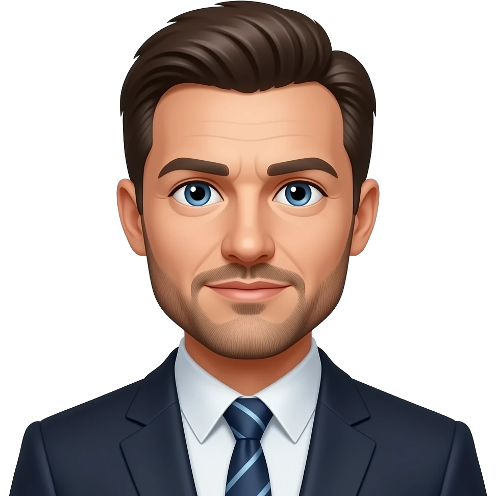 40-year-old organisation consultant, white, slim, narrow small head, dark brown hair, ,blue eyes, eyebrows, medium facial hair in suit and tie emoji