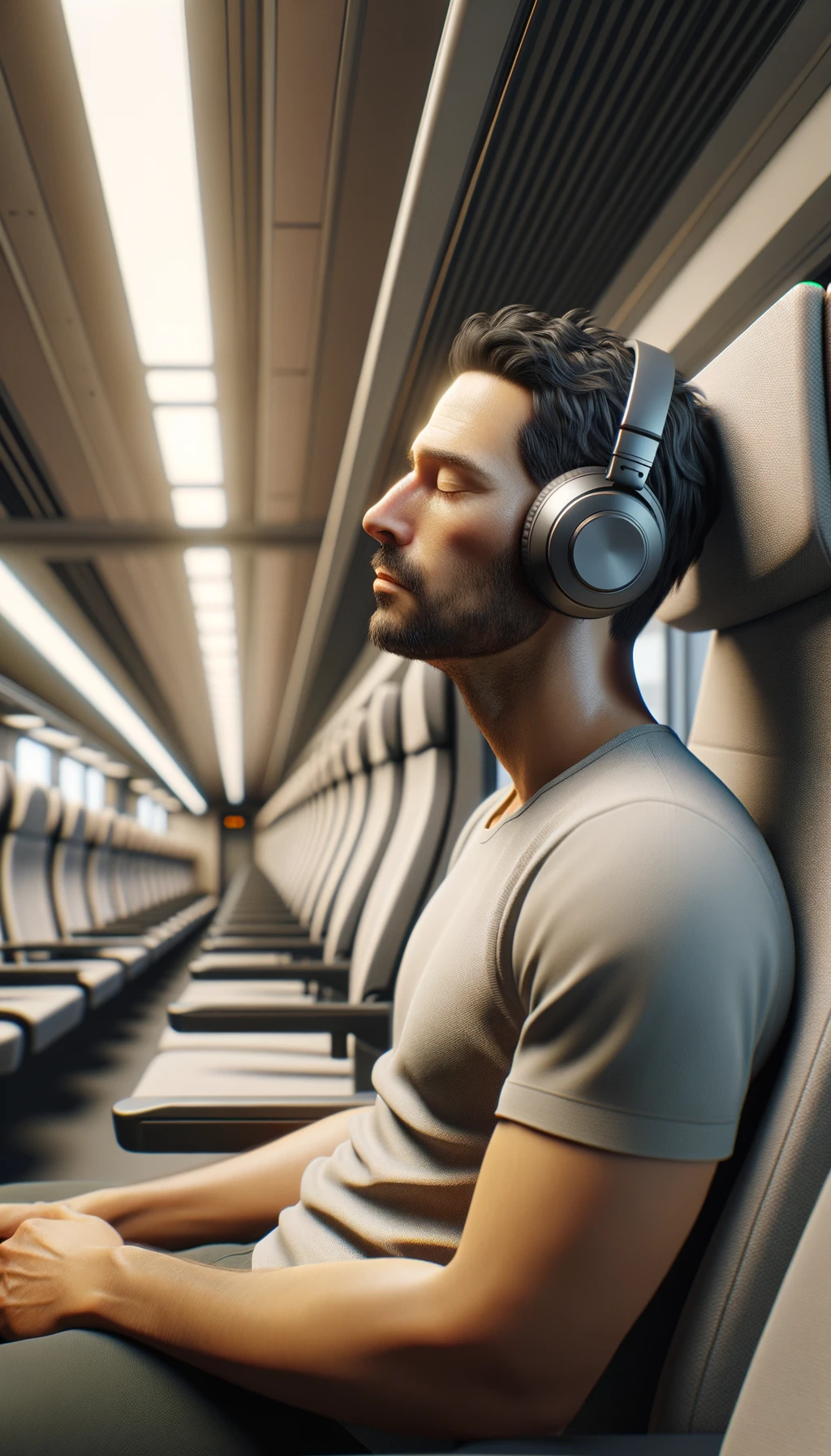 UOMO che ASCOLTA MUSICA CON LE CUFFIETTE NELLE ORECCHIE E GLI OCCHI CHIUSI SEDUTO SUL SEDILE DI UN TRENO, sullo sfondo L'INTERNO DELLA CABINA DI UN TRENO con toni chiari neutri, iperrealistico 4k emoji