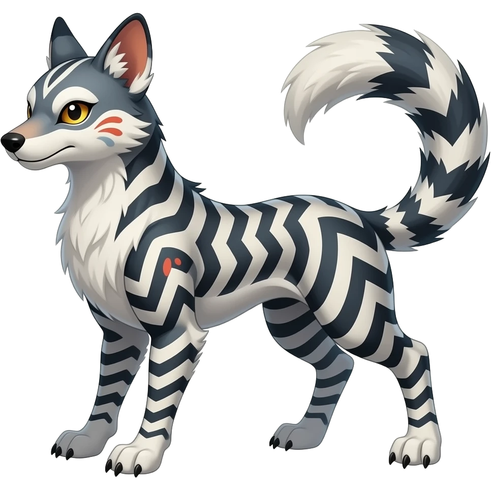 Hyper-realistic cool edgy badass zigzag-striped etched marked elegant Colorful Skilled Adept Graceful Asian Painted Meloetta-Furret-Lycanroc-Zangoose-fusion-hybrid-creature (full body) emoji