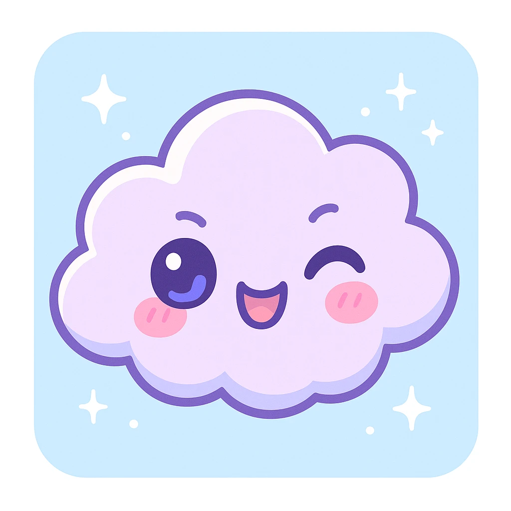 chibi-style kawaii cloud character, smiling face, pastel colors, giggling, mischievous eyes, soft lighting, floating in a blue sky with sparkles and stars, cartoon-style, clean background, digital art, 4k resolution emoji