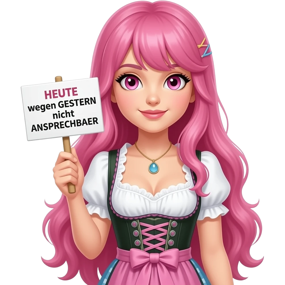 sexy girl with long pink hair and pink eyes wearing a dirndl holding a HEUTE wegen GESTERN nicht ANSPRECHBAR sign emoji