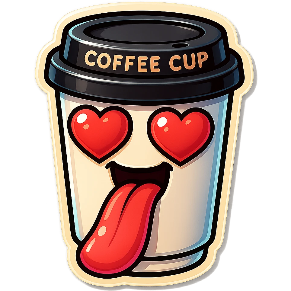 Tall coffee cup, big heart eyes, tounge hanging on ground emoji