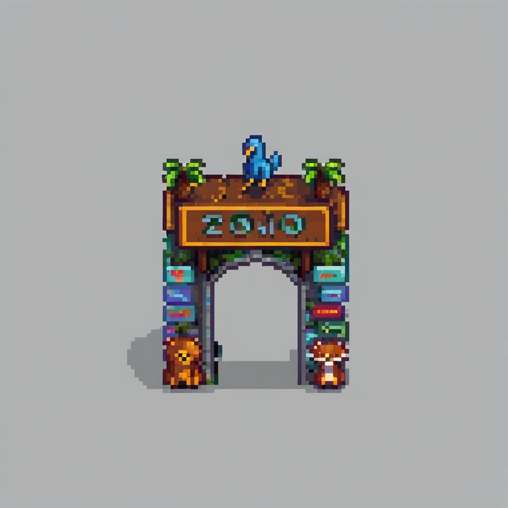 pixel art style zoo entrance sign with animals emoji