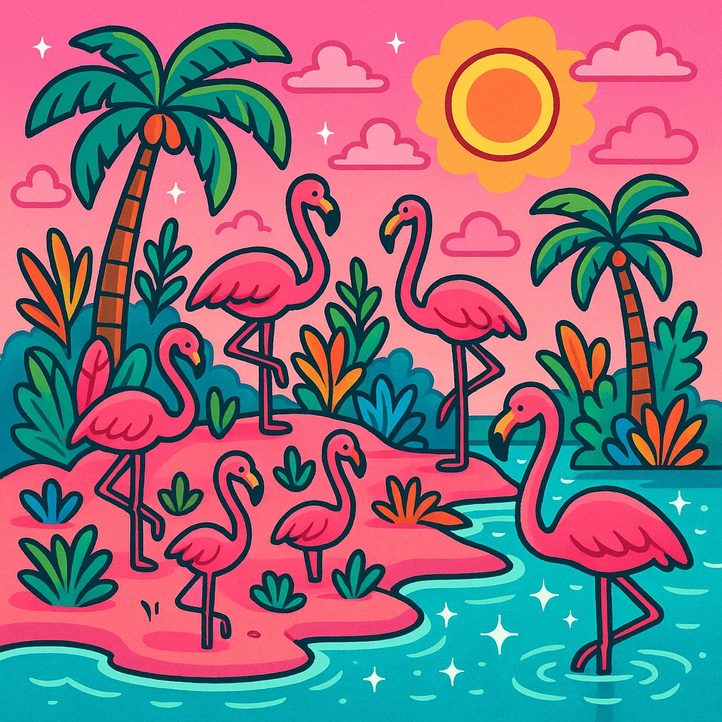 a whimsical pink paradise island with flamingos, tropical plants, and sparkling water, in four distinct visual interpretations emoji