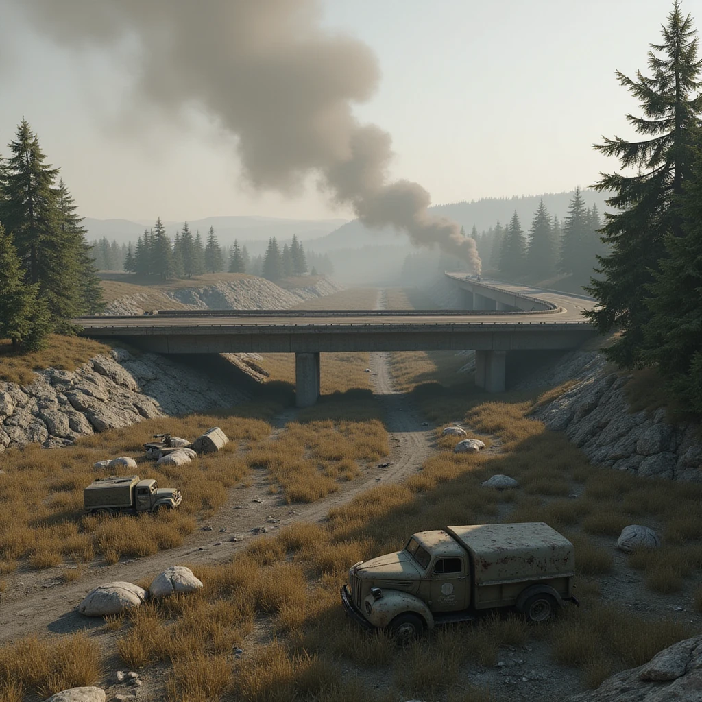  a screenshot of a location in a videogame  the image of the scene consists of:  [above-ground freeway partially collapsed], a wooded area, a small field of wheat, sandbag barricades. distant smoke. uneven terrain, derelict vintage work trucks, more distant smoke. polluted and war-torn emoji
