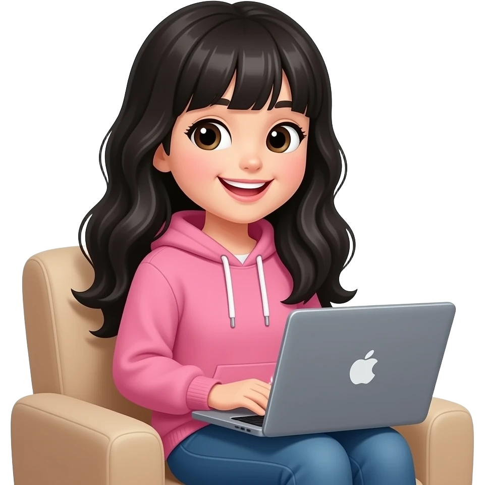 with bangs, smile, pink hoodie,super long black hair with laptop feels cozy in chair emoji