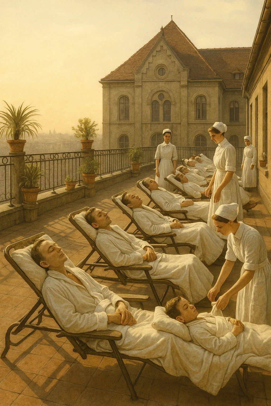 A realistic, historical cinematic illustration of a hospital rooftop solarium from the early 1900s, with patients in white robes and blankets lying on lounge chairs under the sun, receiving heliotherapy. Nurses in classic white uniforms and caps assist quietly, while the warm sunlight bathes the scene. The architecture is vintage, with iron railings, potted plants, and the backdrop of an old European hospital building. The atmosphere is calm and healing, showing patients with tuberculosis, rickets, and malnutrition benefiting from the sun’s rays to stimulate vitamin D production. The color palette is warm, with soft yellows and gentle sunlight, evoking a sense of hope and natural healing, reminiscent of historical black-and-white photographs with subtle colorization for realism emoji