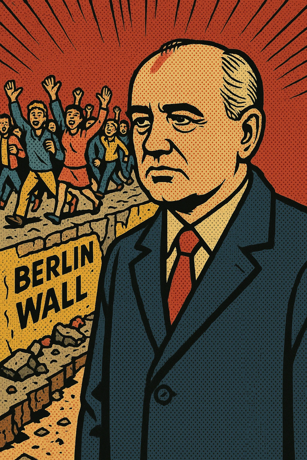 Mikhail Gorbachev standing in front of the Berlin Wall in 1989 which has fallen down.  There are people cheering in the background walking from East Berlin to West Berlin. emoji