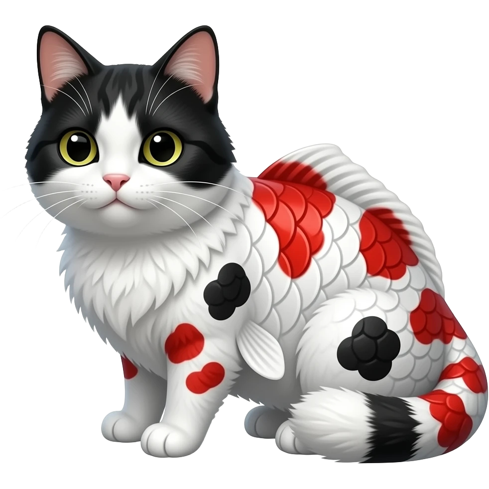 White, black, red, Koi-fish-fox-cat with thick fleshy catfish-whiskers, furry scaly, cute realistic oriental, Japanese painted marked patterned shiny glossy smooth emoji