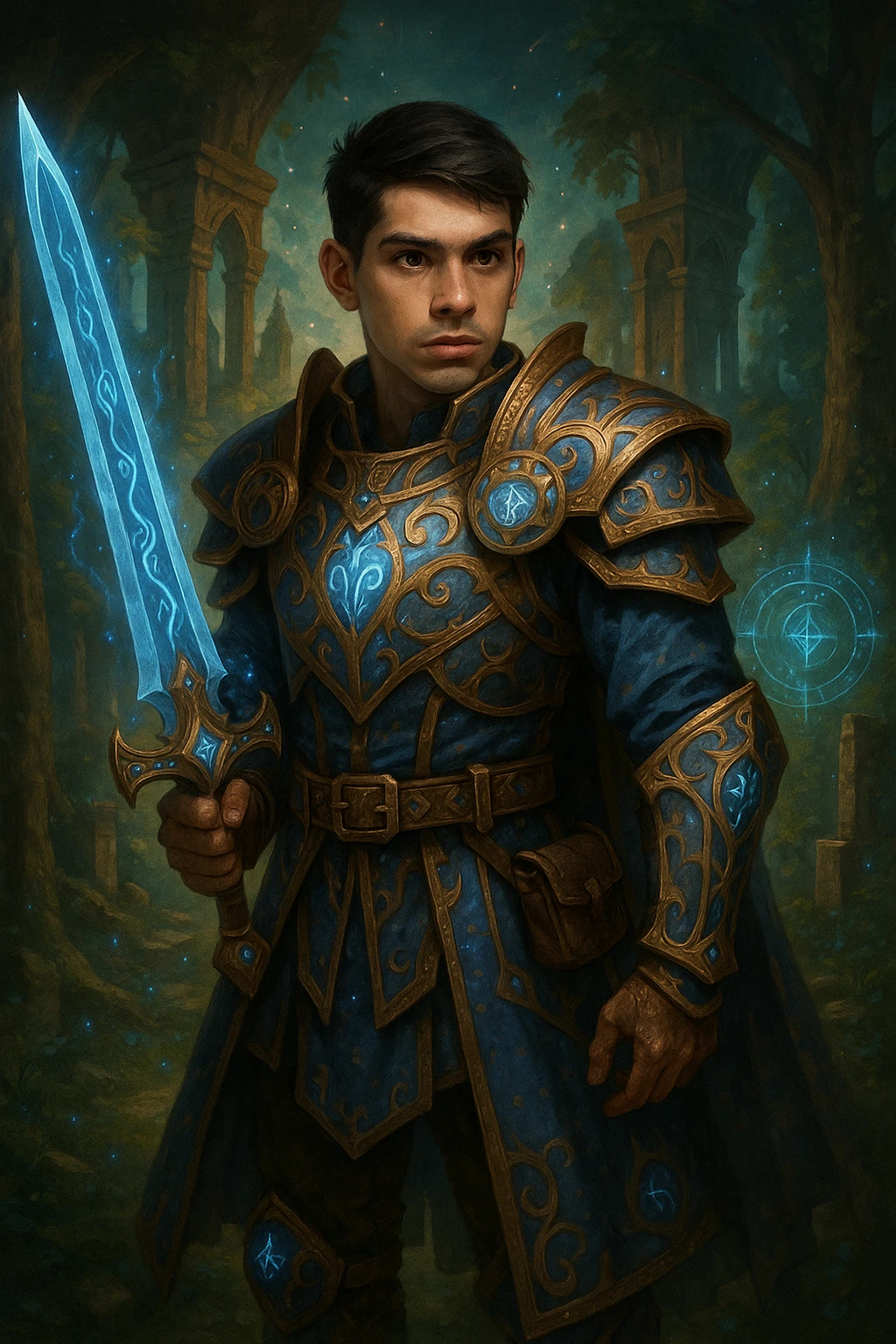 Transform the boy in the image into a fantasy system style hero. He should be wearing magical armor, wielding a sword, and set against a mystical background inspired by classic fantasy RPGs. The style should evoke the essence of traditional fantasy role-playing games with detailed, heroic, and magical elements. emoji