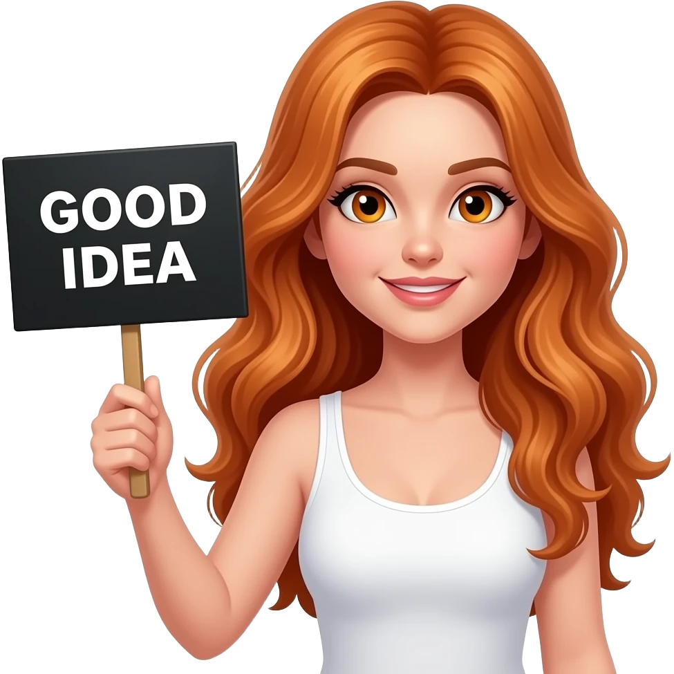 sexy girl with long wavy ginger hair and ginger eyes wearing a white tanktop is holding a black sign with GOOD IDEA written on it emoji