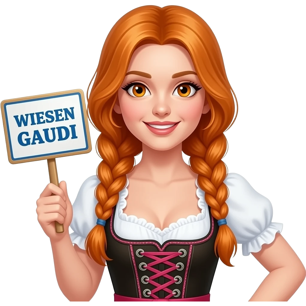 sexy girl with overlong ginger hair in braids and ginger eyes wearing a dirndl holding a WIESN GAUDI sign emoji