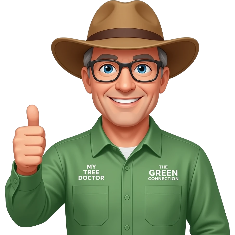 wide-smiling middle-aged man blue eyes. Dark rectangle glasses, green-collared, long-sleeve shirt, thumbs up.  Wide-brim brown Australian Akubru hat.  Insert 'THE GREEN CONNECTION' in white directly onto the right side pocket & 'MY TREE DOCTOR' onto the left side pocket emoji
