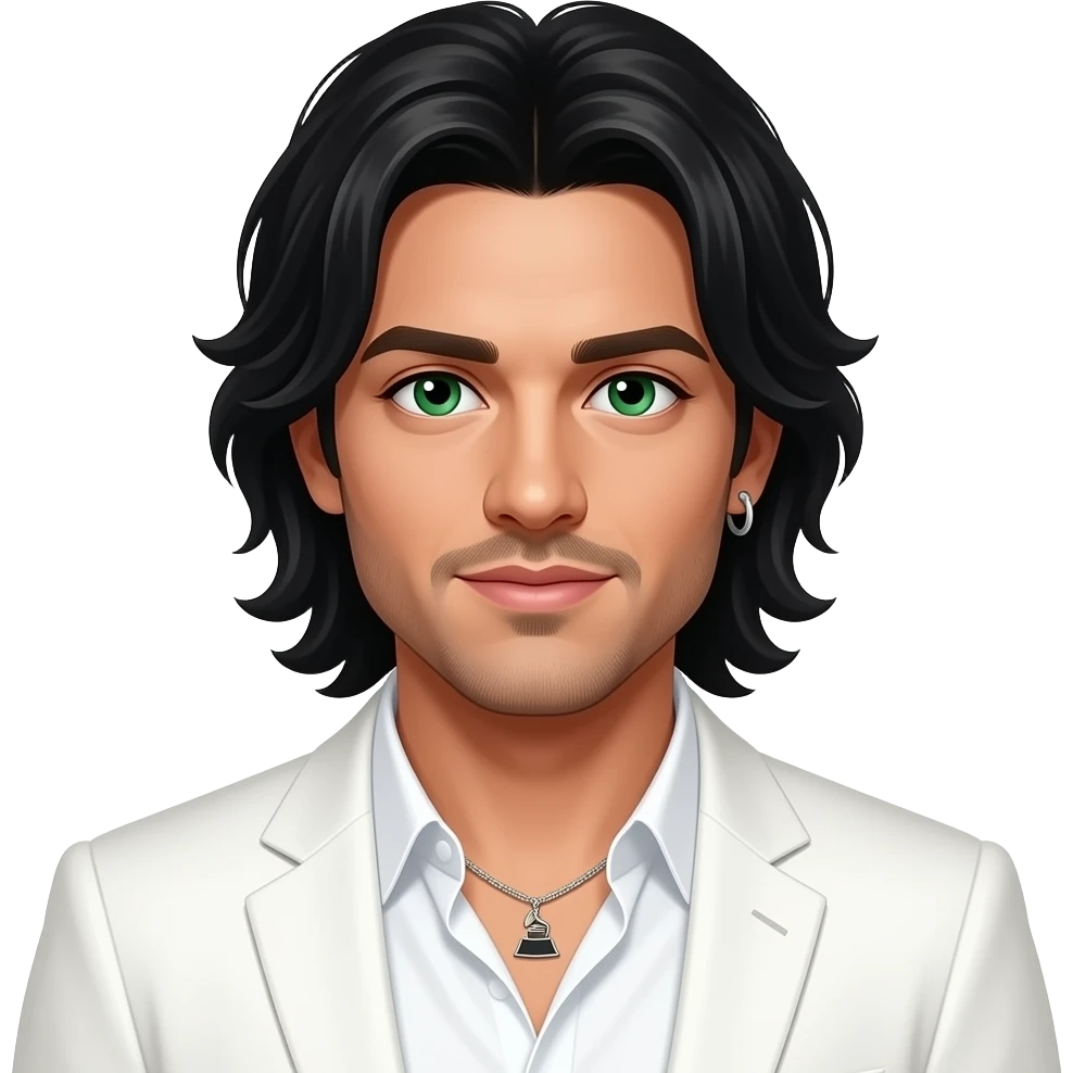 Kevin Richardson from Backstreet Boys with green eyes, long black hair and thin mustache, white grammy shirt and white suit jacket, necklace and one earring emoji