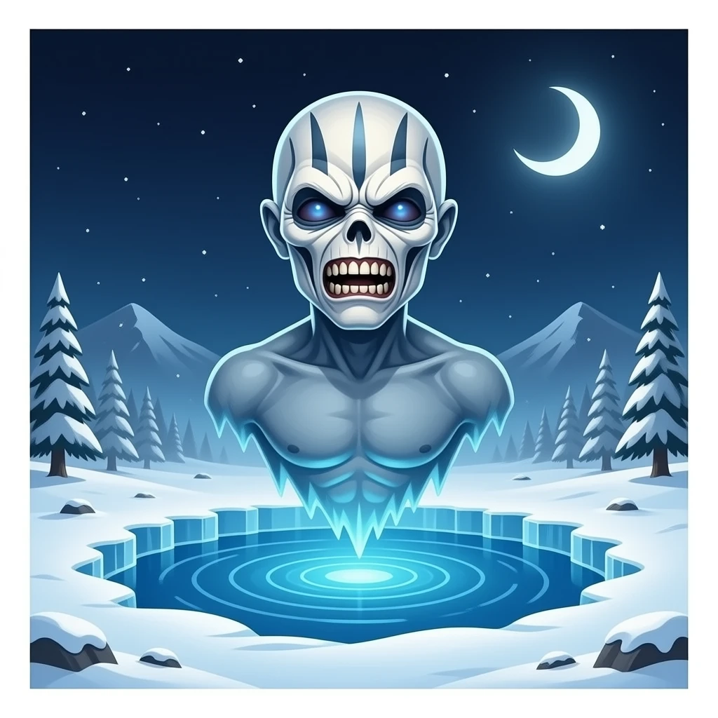 iron maiden eddie mascot - deformed ethereal upper body hovers over frozen landscape - a Gustave Doré piece, depicting traitors frozen in a lake of ice in the ninth circle of Dante's Inferno emoji