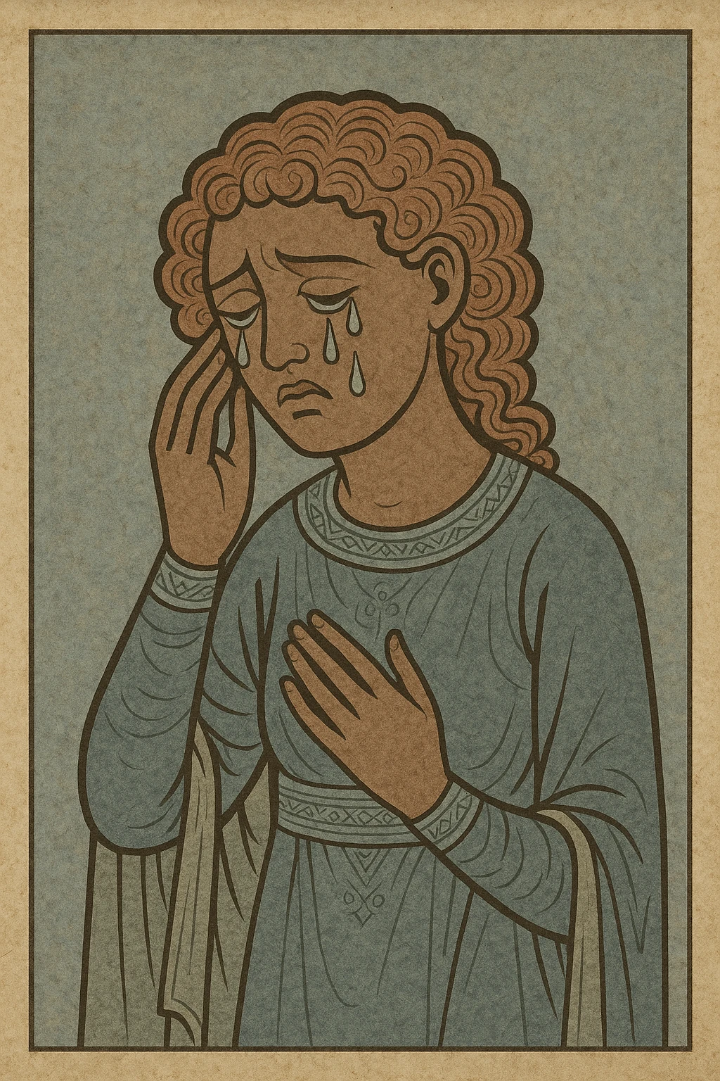 brown-skinned girl with shoulder-length curly reddish hair, crying, medieval art style emoji