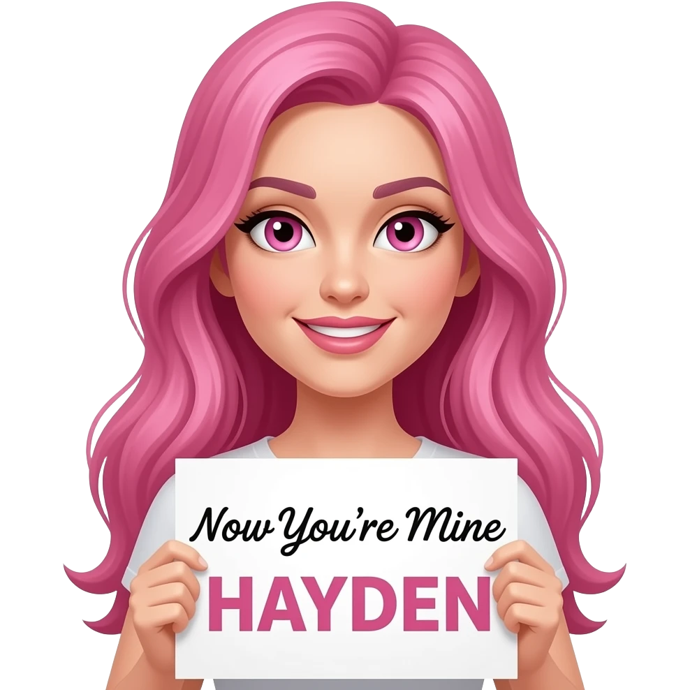 sexy girl with long pink hair and pink eyes holding a Now You're Mine HAYDEN sign emoji