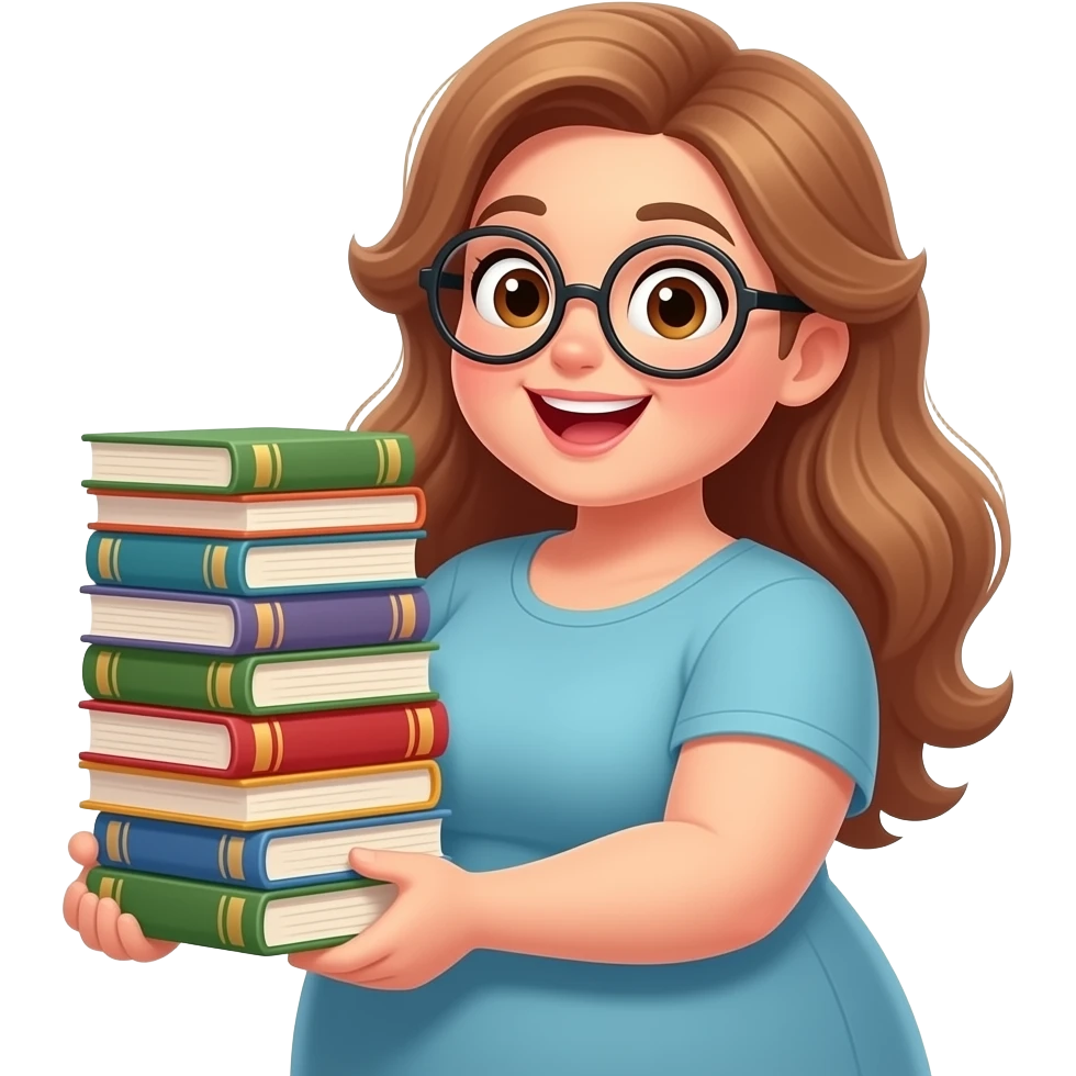 detailed emoji illustration of a curvy woman with long light brown wavy hair, light brown eyes and round glasses holding a huge stack of books, excited book lover expression, cute emoji style emoji