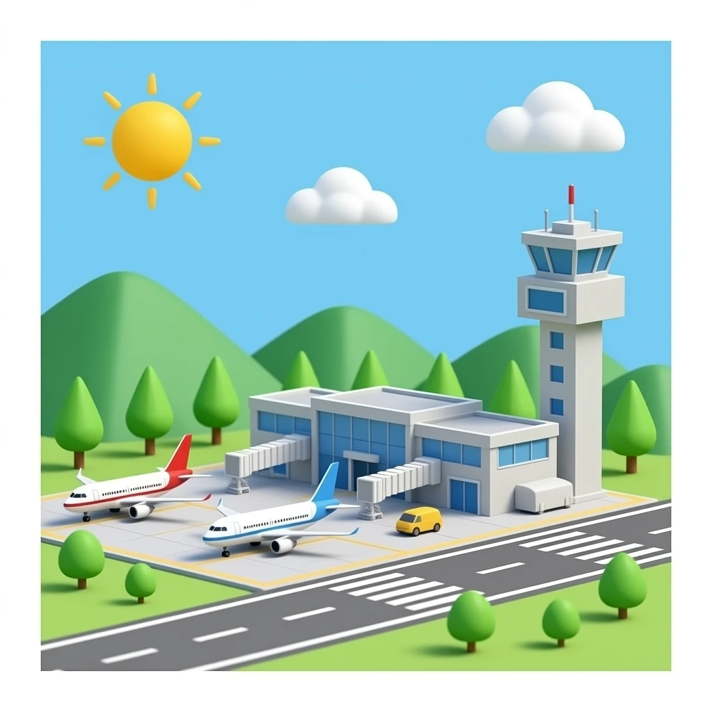 tiny 3D airport with planes and ATC tower with no background emoji
