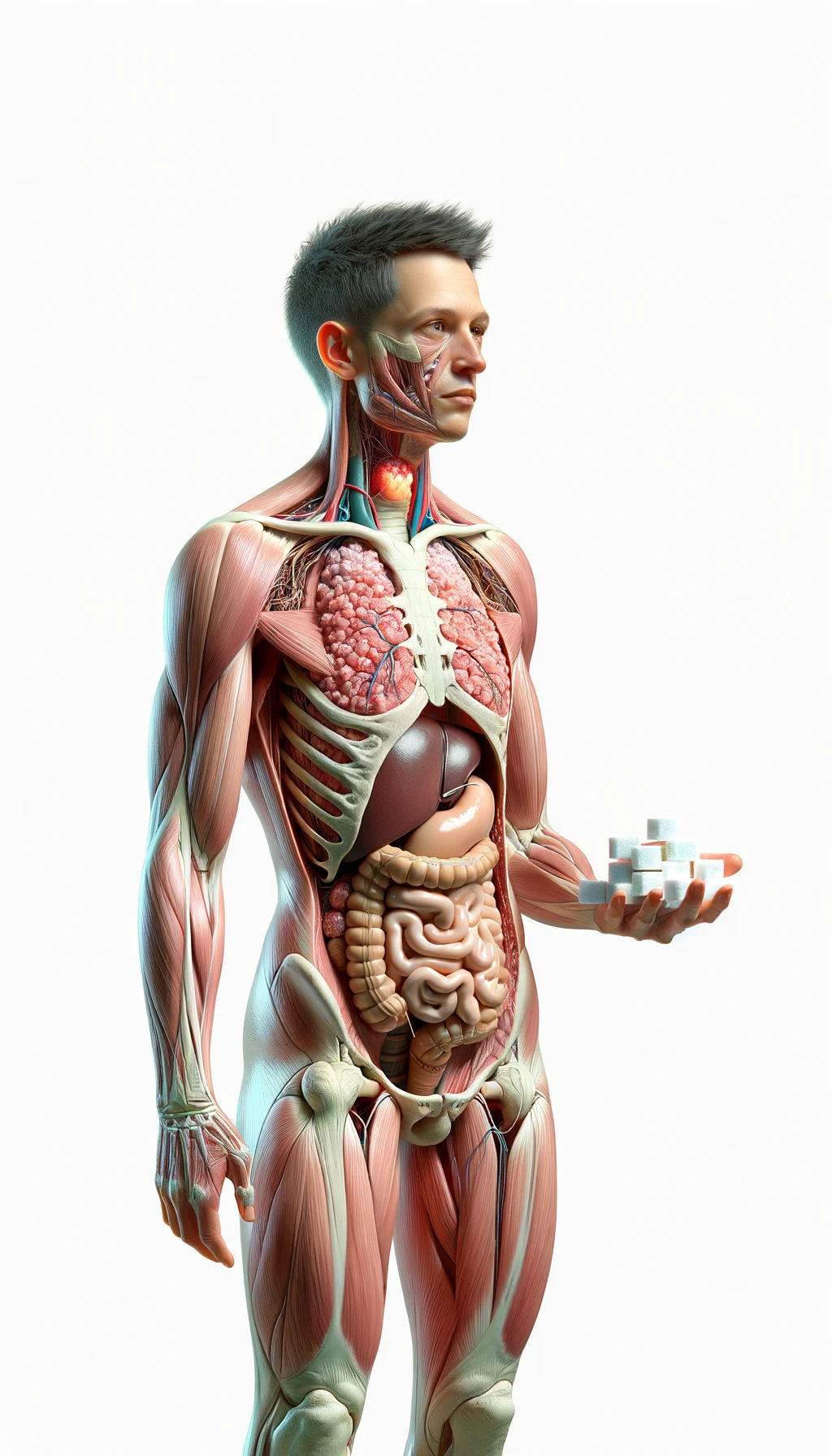 corpo umano anatomico con capelli corti a figura intera fino alle ginocchia, organi e tiroide infiammata in evidenza, tiene in mano una manciata di zollette di zucchero, iperrealistica 4k, isolato su sfondo bianco emoji