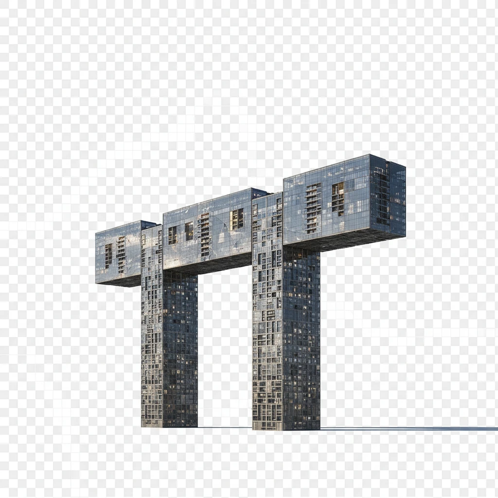 Три панельки, объединенные в одно длинное суперздание. Оно стоит на двух высоких стойках, которые как опоры держат ее на себе. Внутри стоек есть окна (они жилые).

Фотореализм. Абсолютно прозрачный фон emoji