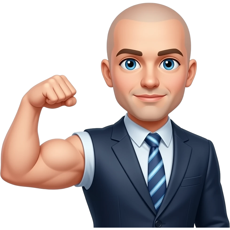 totally bald person with blue eyes and a suit and tie showing his arm muscles emoji