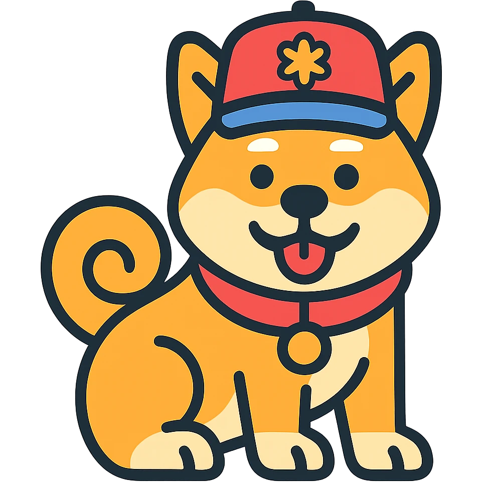 Akita Inu with a curled tail and a hat on its head, keep the current style, transparent background. emoji