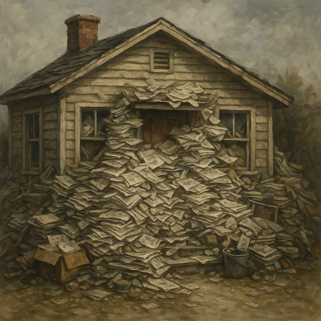 a small house with piles of newspapers and junk blocking the door and windows, symbolizing hoarding, cluttered, messy, chaotic emoji