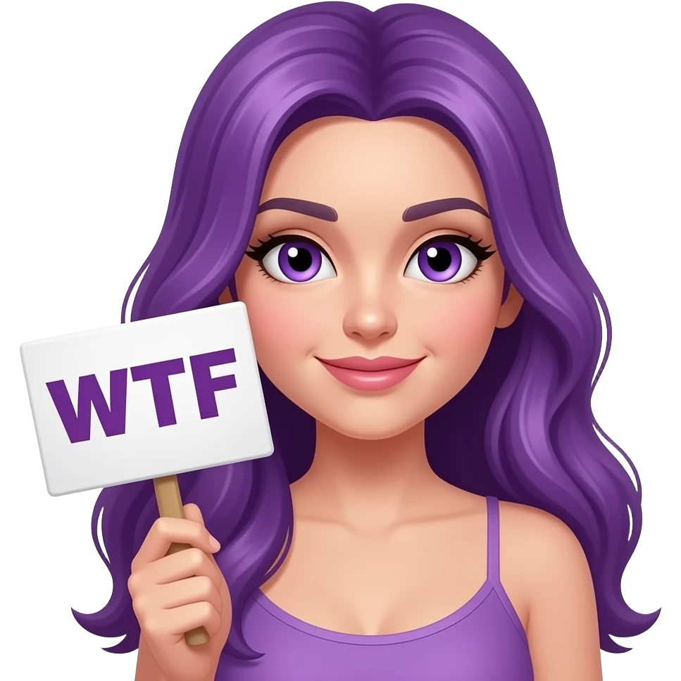 sexy girl with long purple hair and purple eyes holding a WTF sign emoji