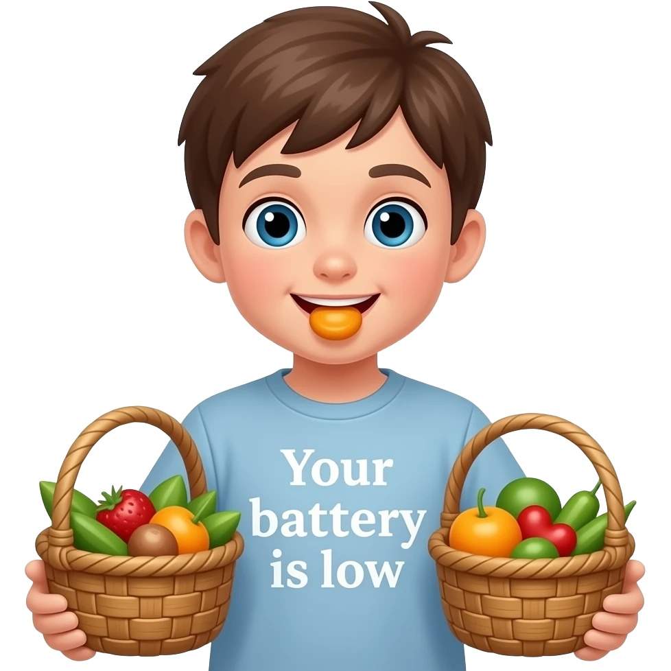 meme format of a kid eating wood baskets and on his shirt it says "Your battery is low" emoji