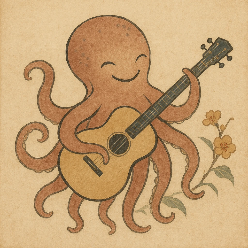 happy octopus with multiple arms playing guitar emoji
