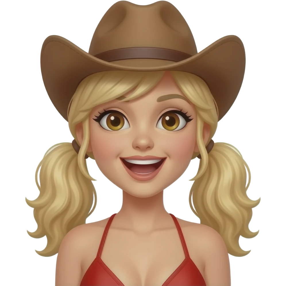 Cowgirl in red bikini with slim face, open mouth, brown eyes and blonde pigtails emoji