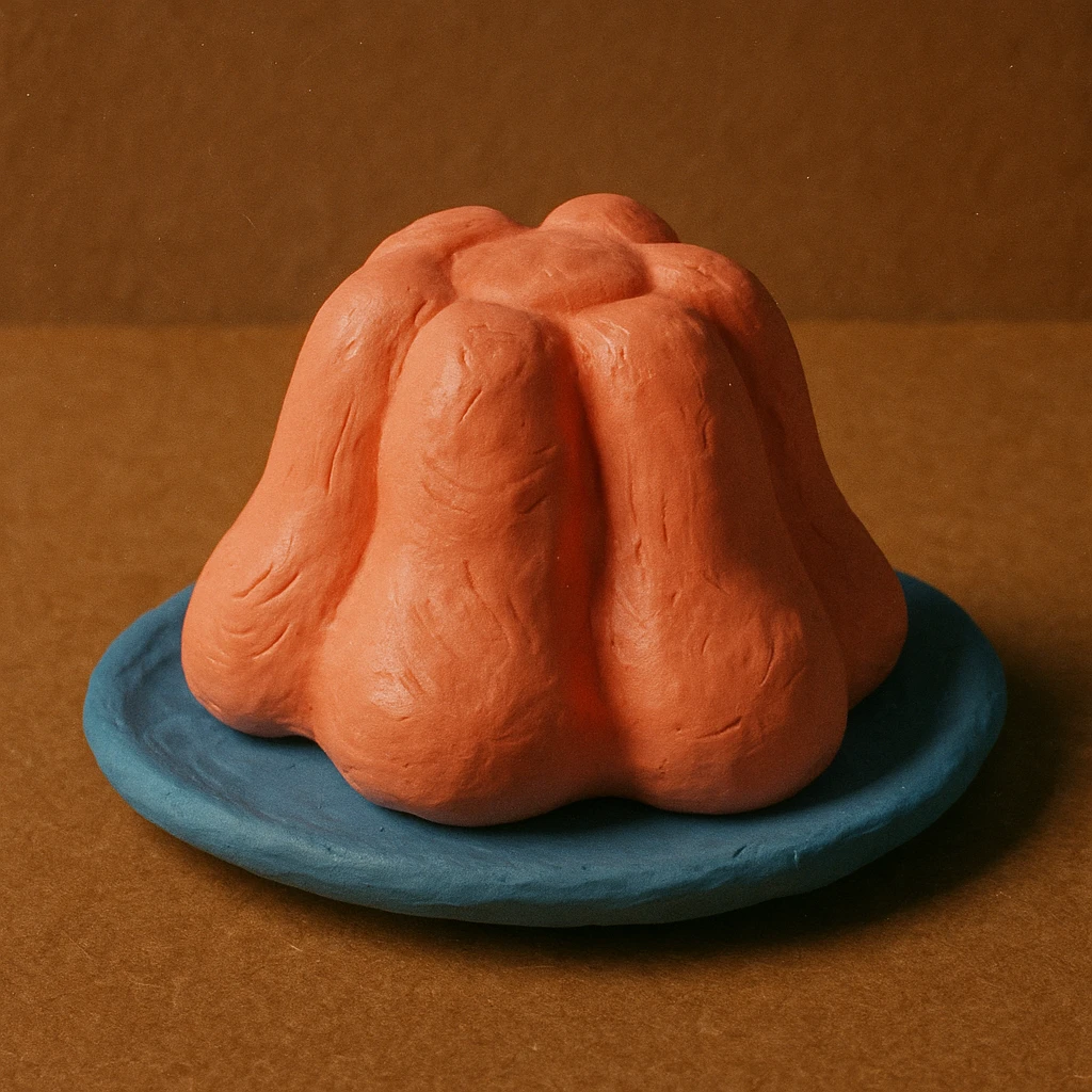 a claymation style jelly dessert with a wobble emoji