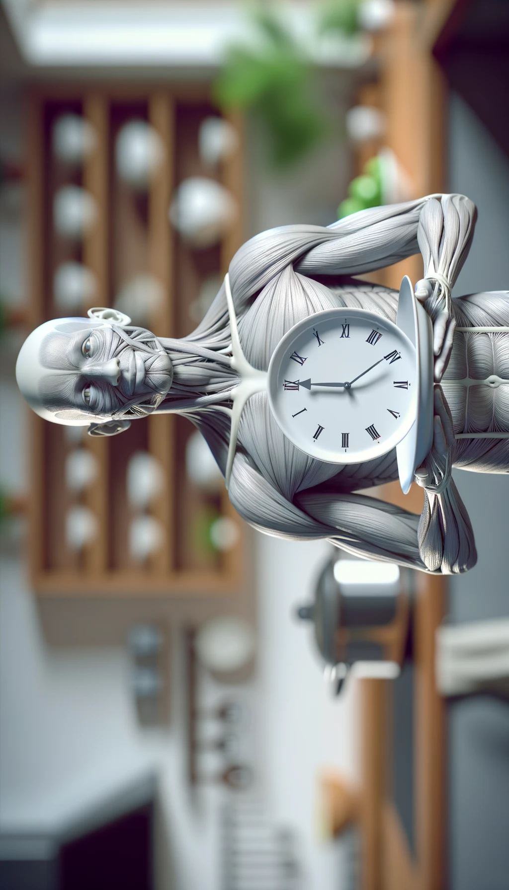 corpo umano anatomico, che tiene in mano un piatto bianco con la lancette di un orologio sopra, figura visibile fino ai fianchi, espressione del volto soddisfatta, sullo sfondo la sua cucina sfocata, iperrealistico 4k emoji