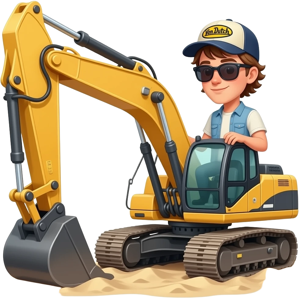 Jeune Homme aux cheveux mi long brun avec casquette von dutch et des lunettes de soleil qui conduit une Grosse pelleteuse sur du sable emoji