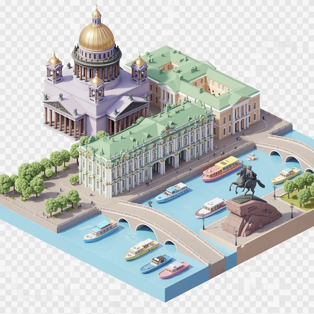 Isometric illustration of Saint Petersburg with the Saint Isaac’s Cathedral, the photorealistic Winter Palace, and the Bronze Horseman statue, toy boats and bridges, in pastel miniature diorama style, transparent background emoji